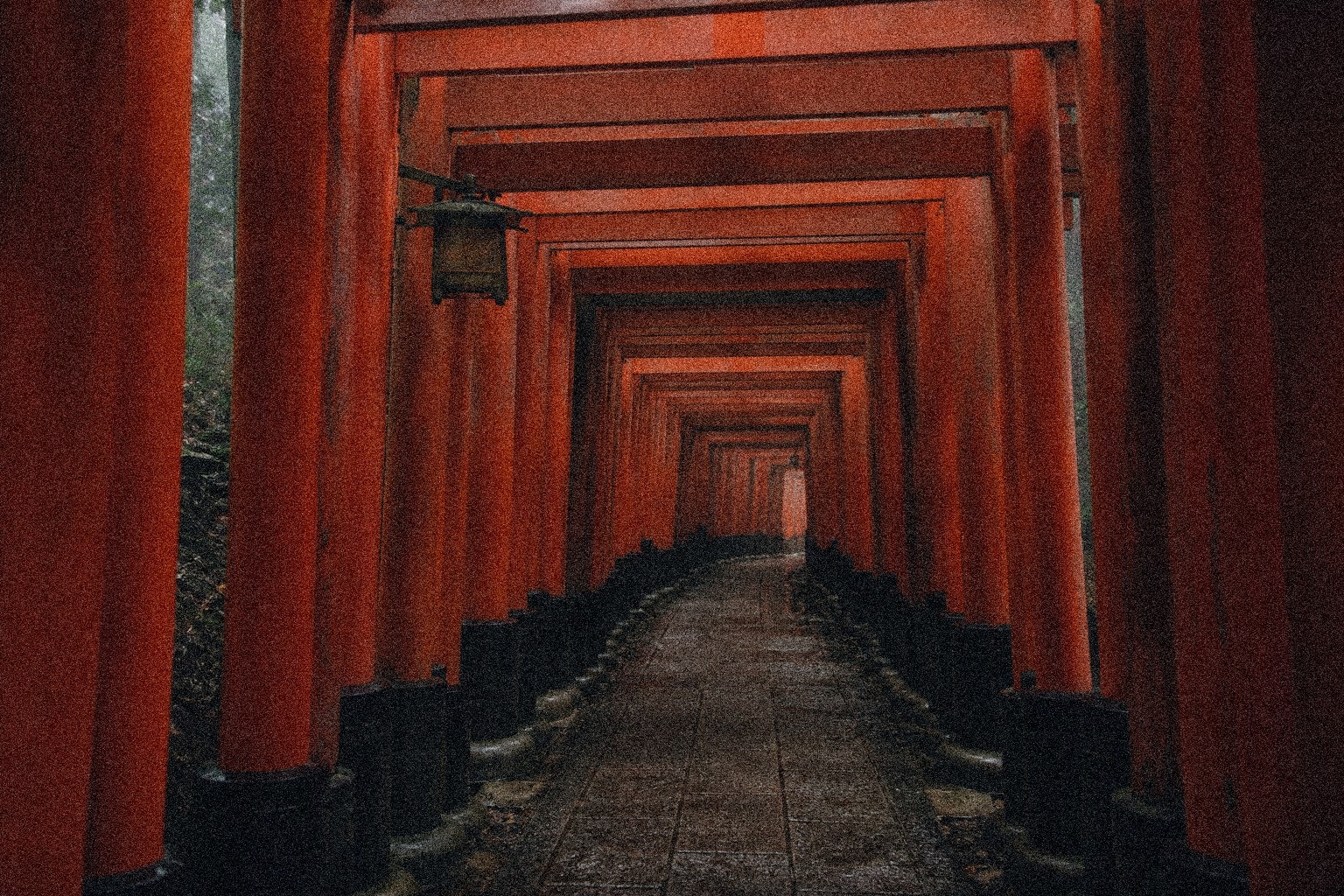Fushimi Inari torii gates receding into mist