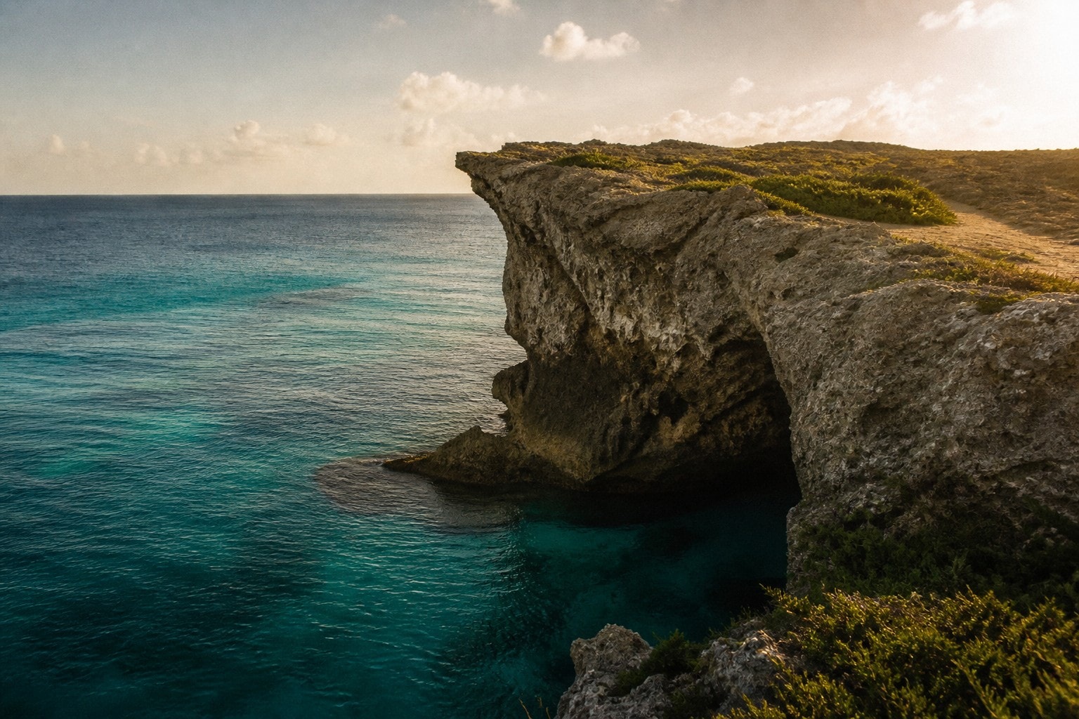 Okinawa cliff and sea in late light