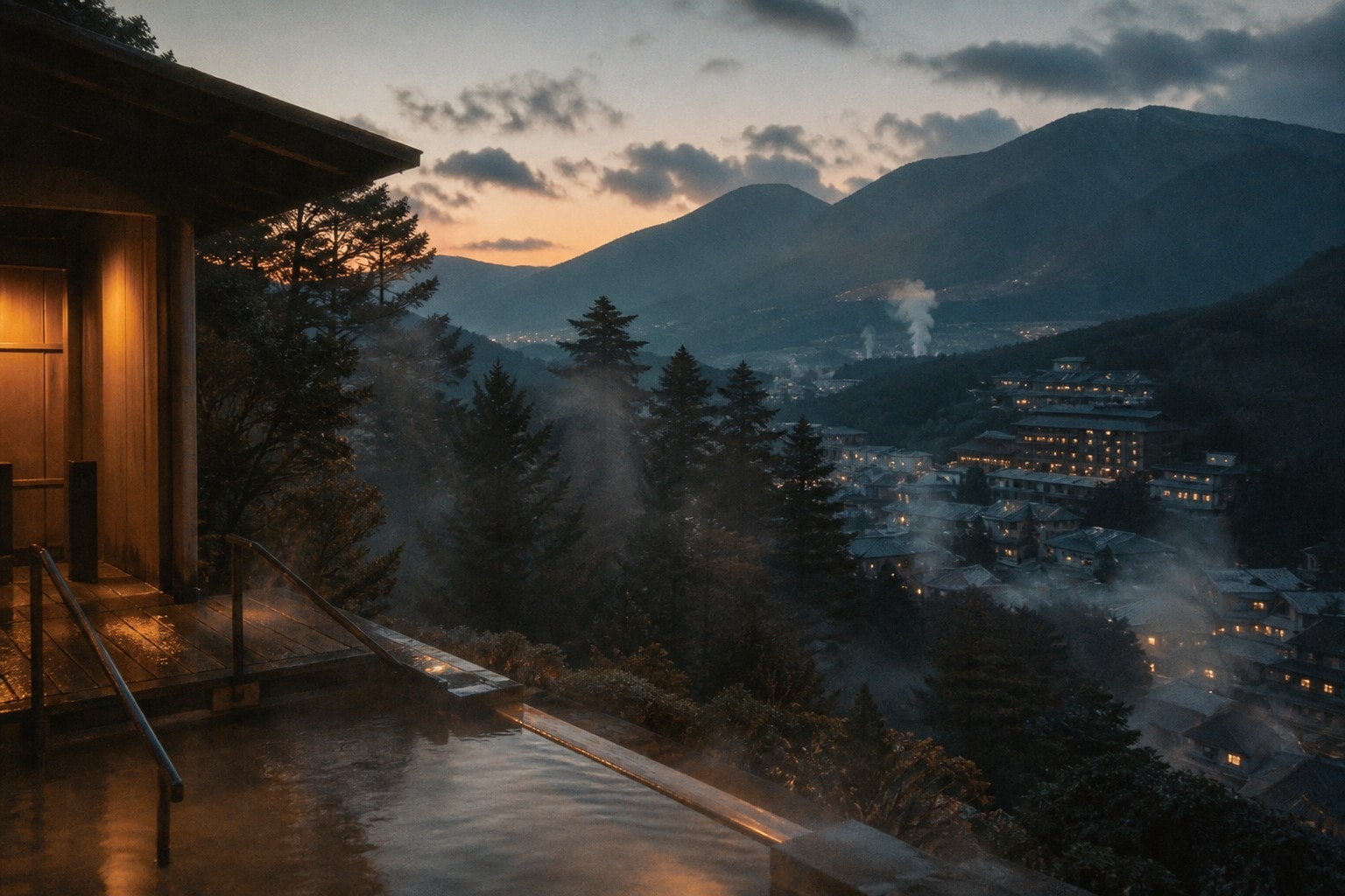 Hakone cedar forest in onsen steam at dusk