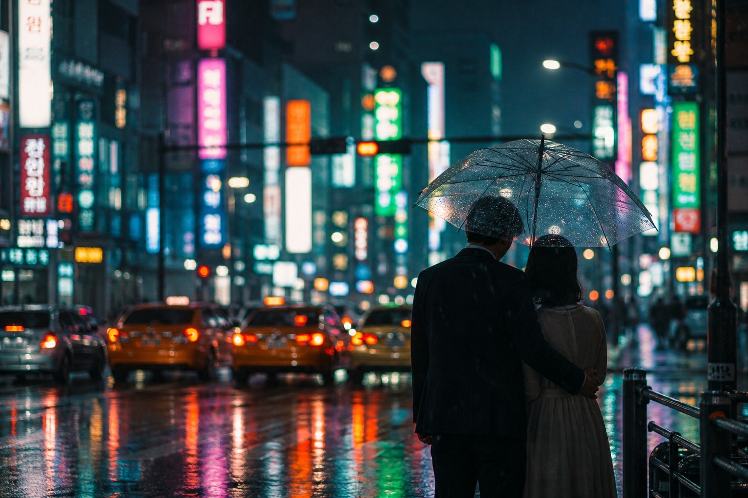 Wet city street shining at night after rain